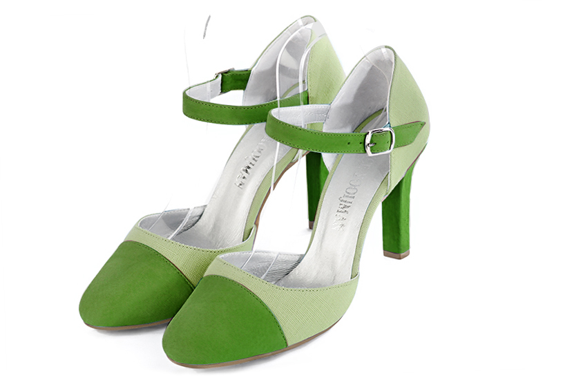 Grass green women's open side shoes, with an instep strap. Round toe. Very high slim heel. Front view - Florence KOOIJMAN